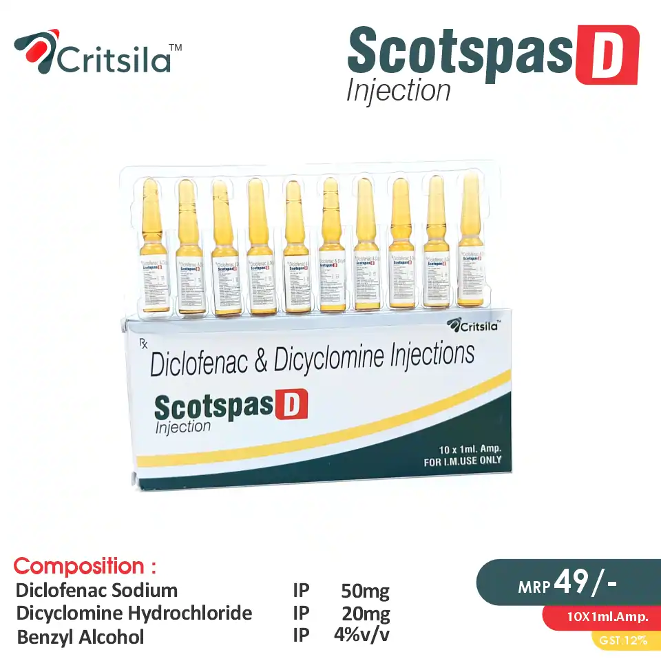 Dicyclomine + Diclofenac Scotspas D Injection at best price in PCD Pharma Franchise for pain relief and gastrointestinal disorders.
